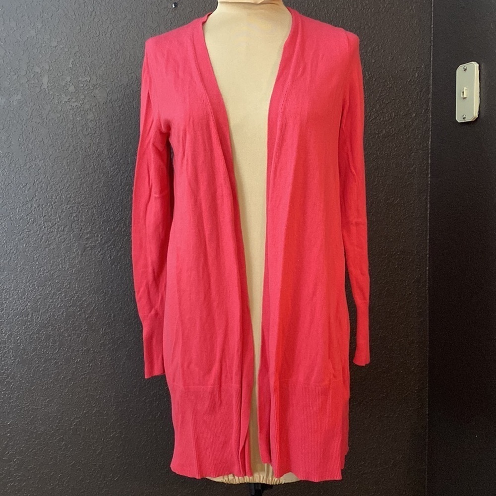 TALBOTS open front academia long fine knit cardigan sweater in berry pink